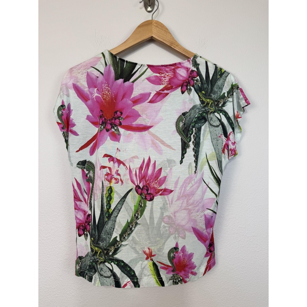 Ted Baker Shirt Women's 1 Small Multicolor Floral Lizard Tropical Cap Sleeve Tee